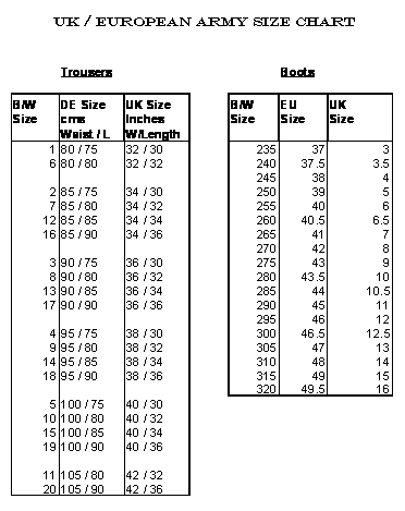 Military Clothes Size Chart